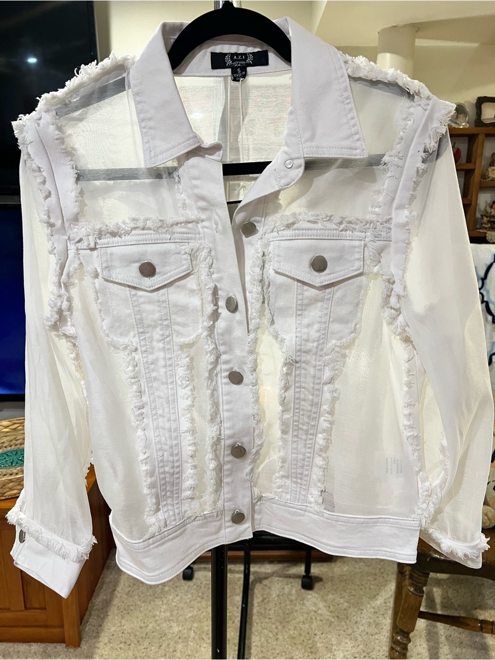 NWT AZI White Frayed Sheer Denim-Style Jacket $103